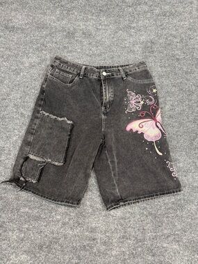 ROMWE Black Denim Shorts with Pink Butterfly Embroidery